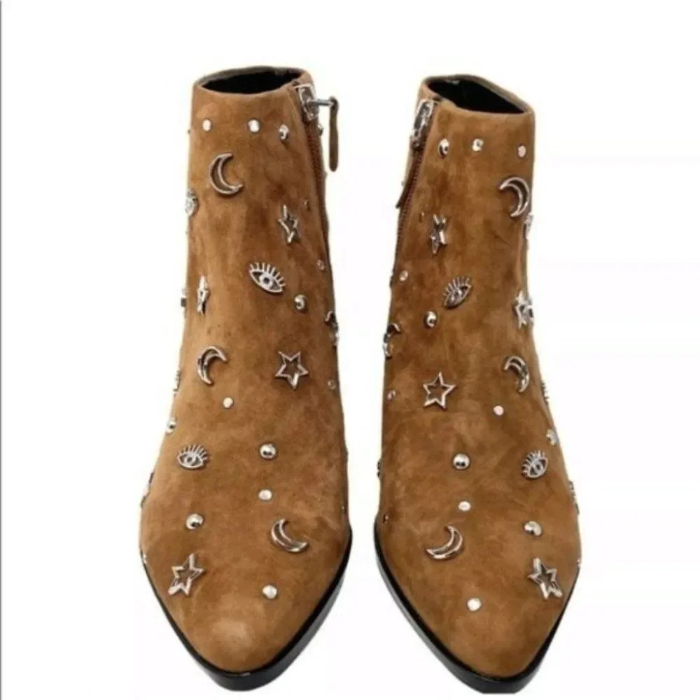 Rebecca Minkoff Booties WMNS 5.5 Brown Suede Studded Celestial Lizzie Stars Moon